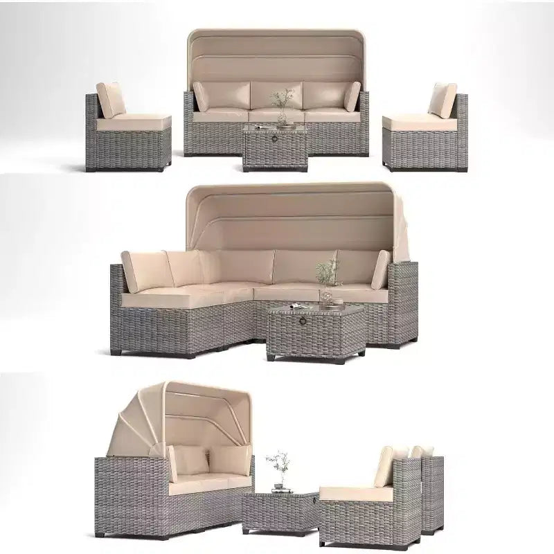 COZONY Set Daybed da Esterno 6 Pezzi, Lettini Chaise Longue con Baldacchino Retrattile e Schienale Regolabile per Giardino, Bordo Piscina, Cortile