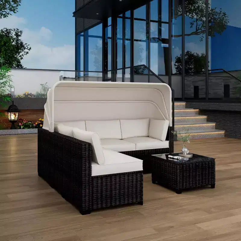 COZONY Set Daybed da Esterno 6 Pezzi, Lettini Chaise Longue con Baldacchino Retrattile e Schienale Regolabile per Giardino, Bordo Piscina, Cortile