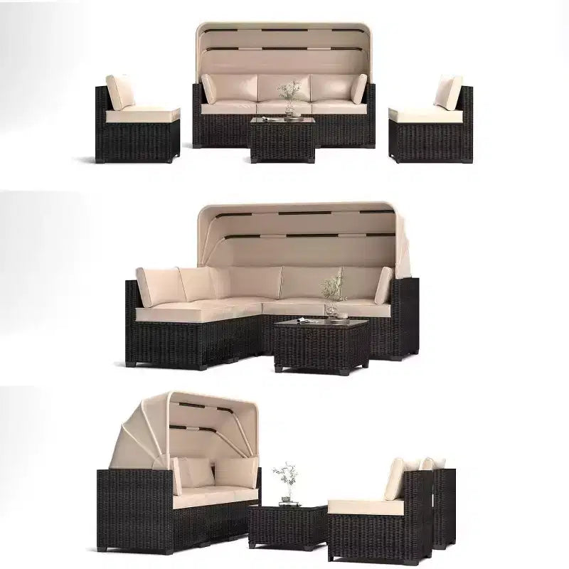 COZONY 6 Piece Outdoor Daybed Set, Retractable Canopy Adjustable Backrest Chaise Lounges for Garden Poolside Backyard
