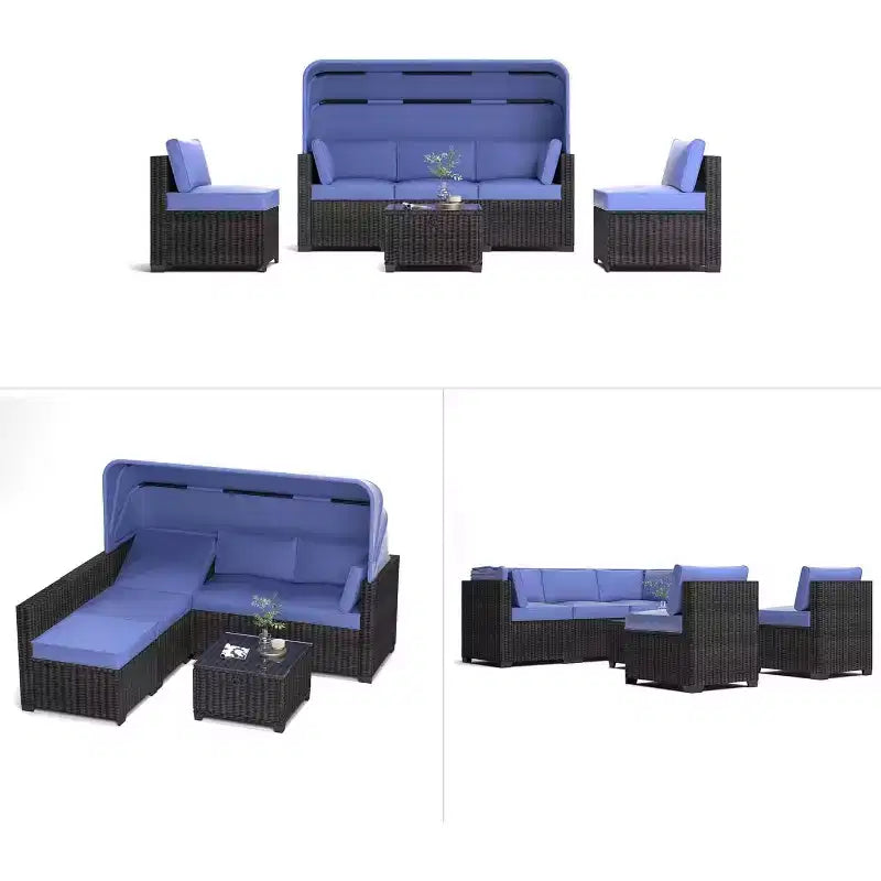 COZONY Set Daybed da Esterno 6 Pezzi, Lettini Chaise Longue con Baldacchino Retrattile e Schienale Regolabile per Giardino, Bordo Piscina, Cortile