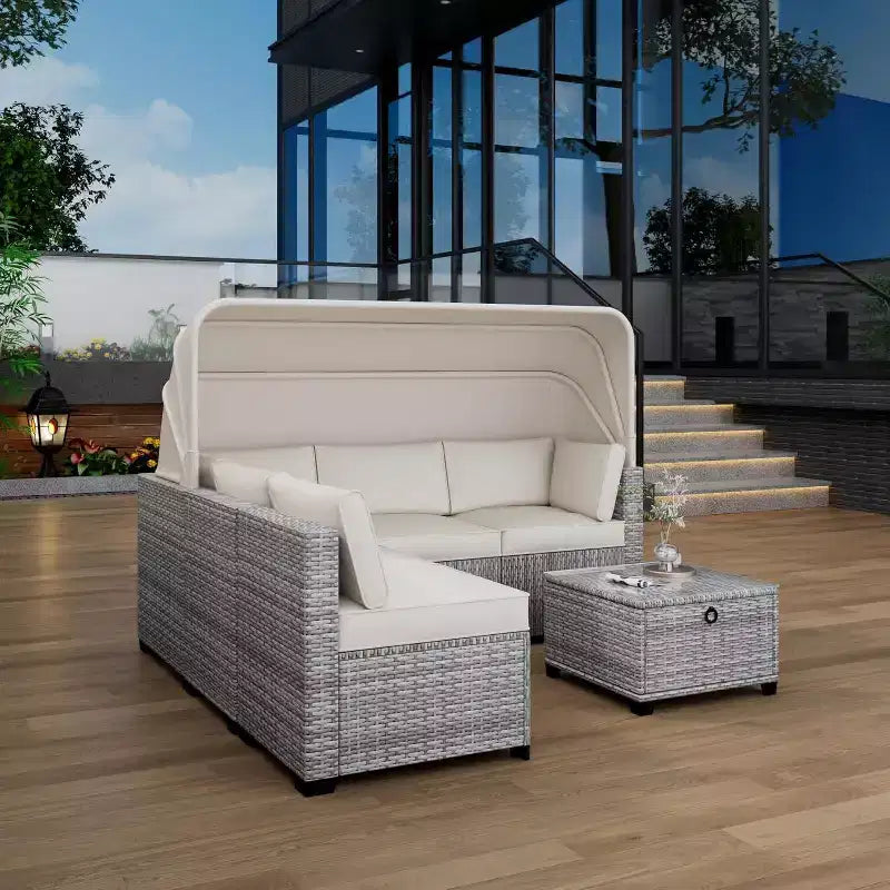 COZONY Set Daybed da Esterno 6 Pezzi, Lettini Chaise Longue con Baldacchino Retrattile e Schienale Regolabile per Giardino, Bordo Piscina, Cortile