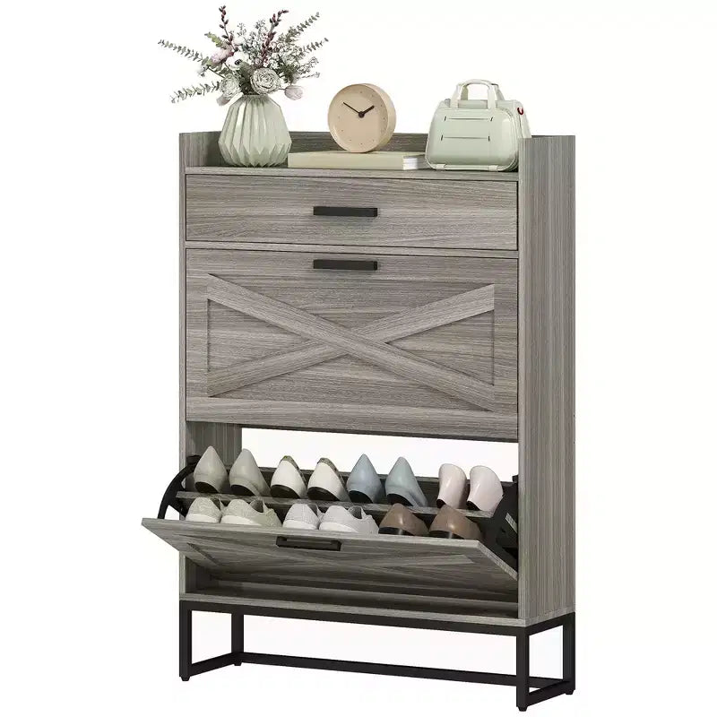 Slim Shoe Storage Cabinet, Shoes Cabinet Organizer with 2 Flip Drawers, Adjustable Shelves for 12 Pair