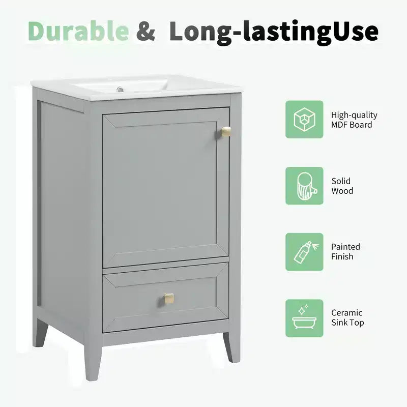 Mobiletto da bagno 50 cm con lavandino, armadietto da bagno con anta a chiusura ammortizzata, scaffale e un cassetto