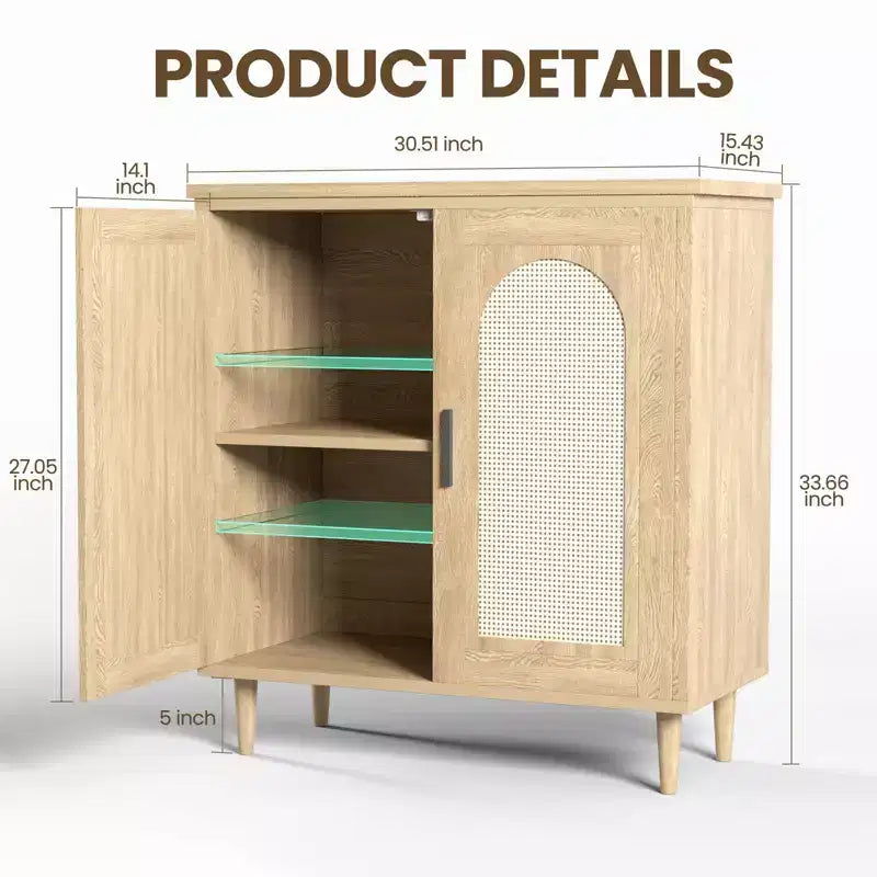 Set di 2 Madie/Credenze in Rattan, Mobile Contenitore Stile Rustico con Ripiani Regolabili per Sala da Pranzo/Soggiorno/Ingresso
