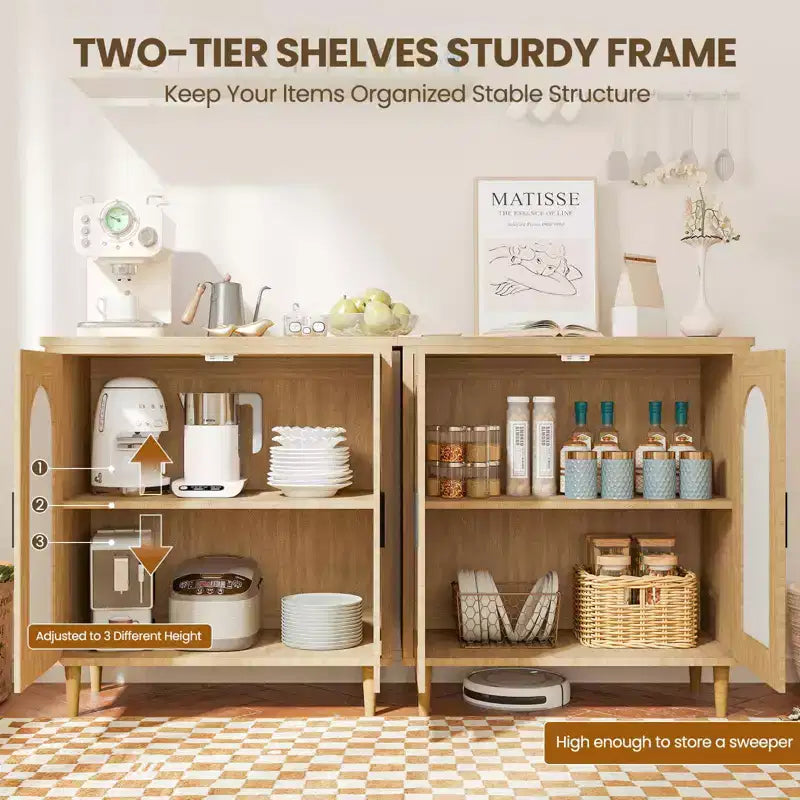 Set di 2 Madie/Credenze in Rattan, Mobile Contenitore Stile Rustico con Ripiani Regolabili per Sala da Pranzo/Soggiorno/Ingresso