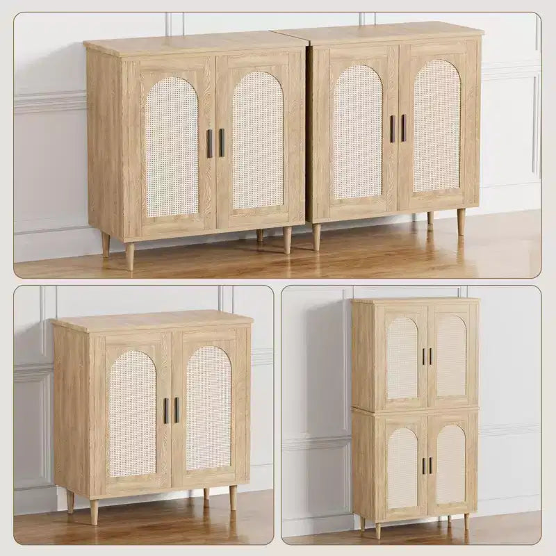 Set di 2 Madie/Credenze in Rattan, Mobile Contenitore Stile Rustico con Ripiani Regolabili per Sala da Pranzo/Soggiorno/Ingresso