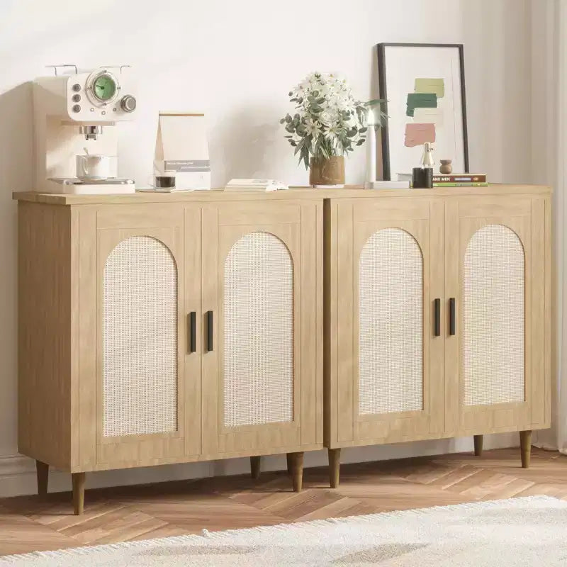 Set di 2 Madie/Credenze in Rattan, Mobile Contenitore Stile Rustico con Ripiani Regolabili per Sala da Pranzo/Soggiorno/Ingresso