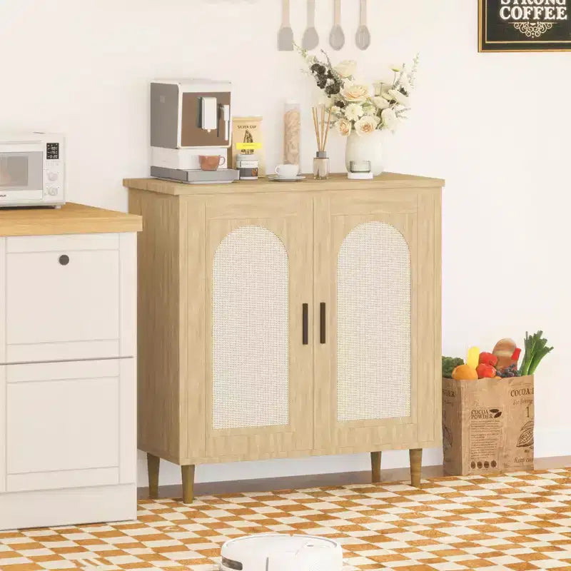 Set di 2 Madie/Credenze in Rattan, Mobile Contenitore Stile Rustico con Ripiani Regolabili per Sala da Pranzo/Soggiorno/Ingresso