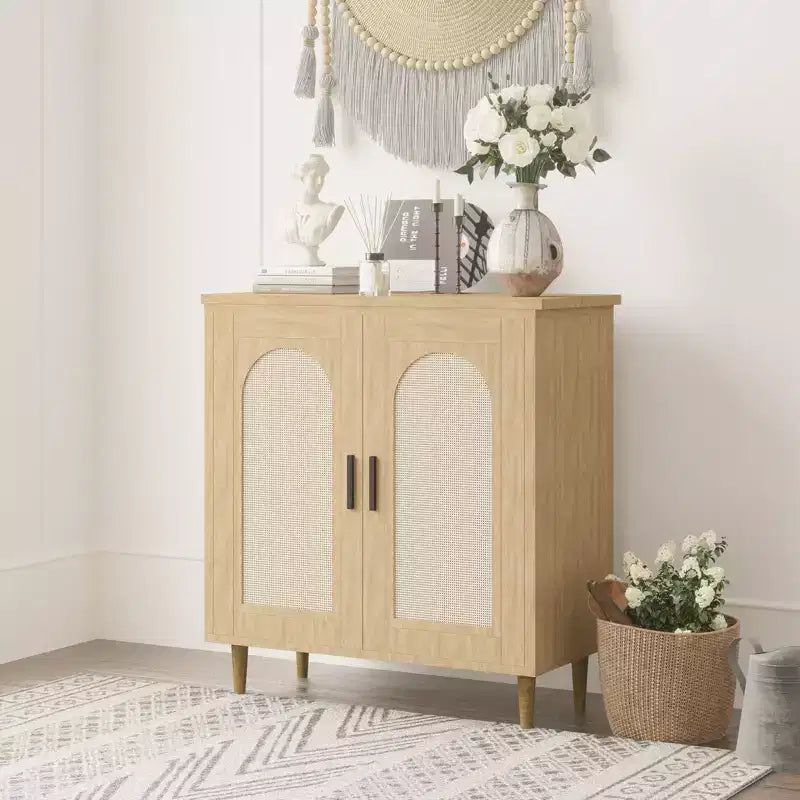 Set di 2 Madie/Credenze in Rattan, Mobile Contenitore Stile Rustico con Ripiani Regolabili per Sala da Pranzo/Soggiorno/Ingresso