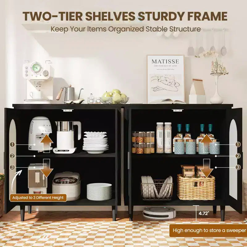 Set di 2 Madie/Credenze in Rattan, Mobile Contenitore Stile Rustico con Ripiani Regolabili per Sala da Pranzo/Soggiorno/Ingresso