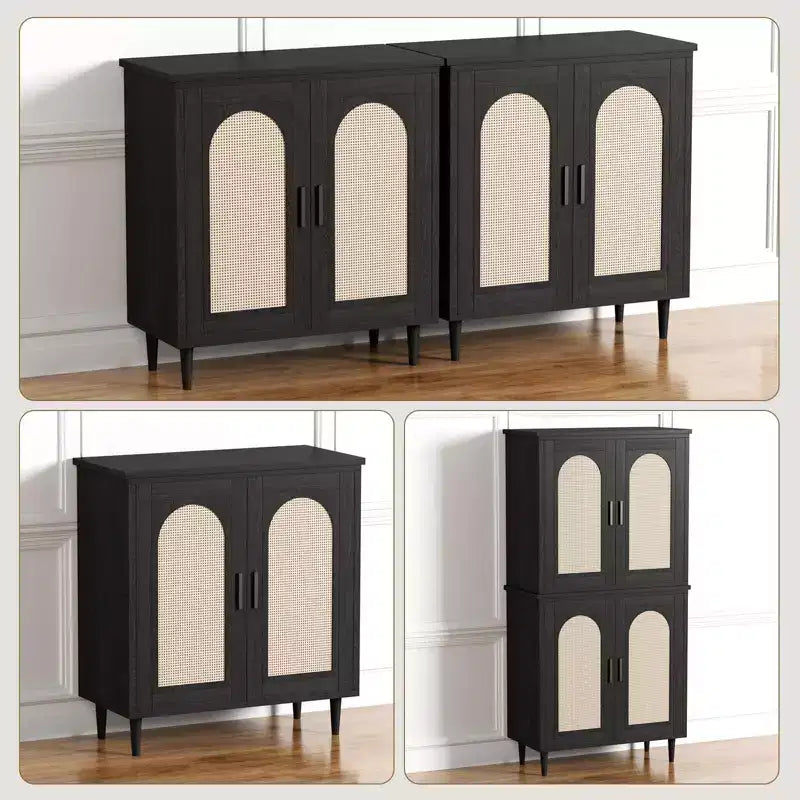 Set di 2 Madie/Credenze in Rattan, Mobile Contenitore Stile Rustico con Ripiani Regolabili per Sala da Pranzo/Soggiorno/Ingresso