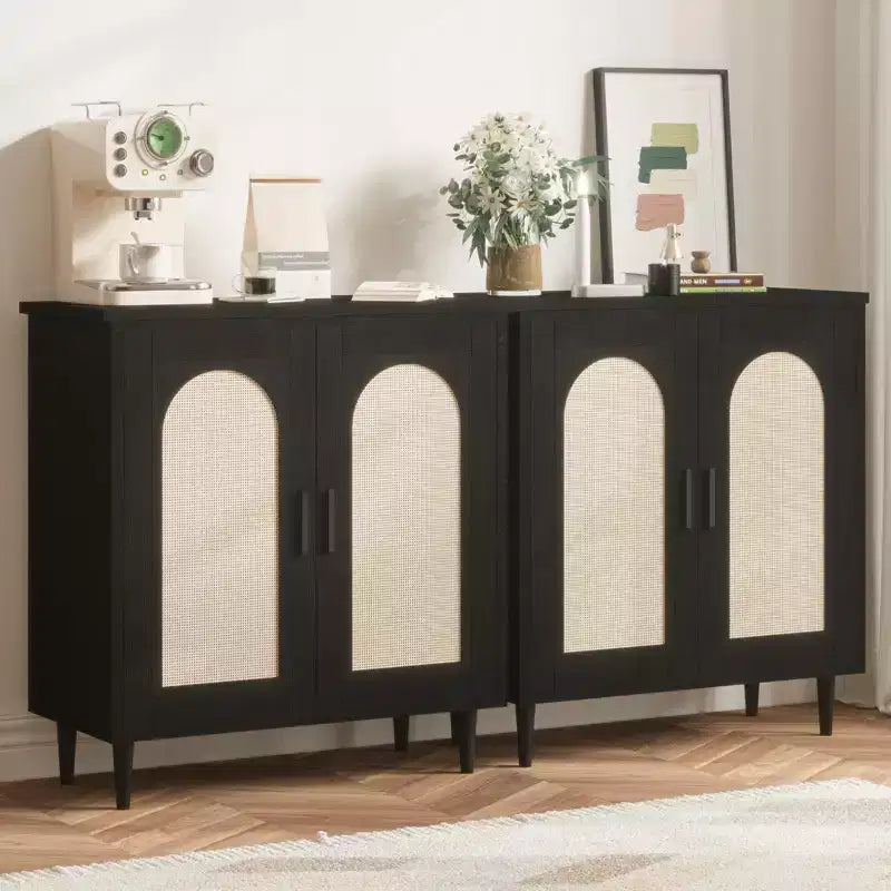 Set di 2 Madie/Credenze in Rattan, Mobile Contenitore Stile Rustico con Ripiani Regolabili per Sala da Pranzo/Soggiorno/Ingresso