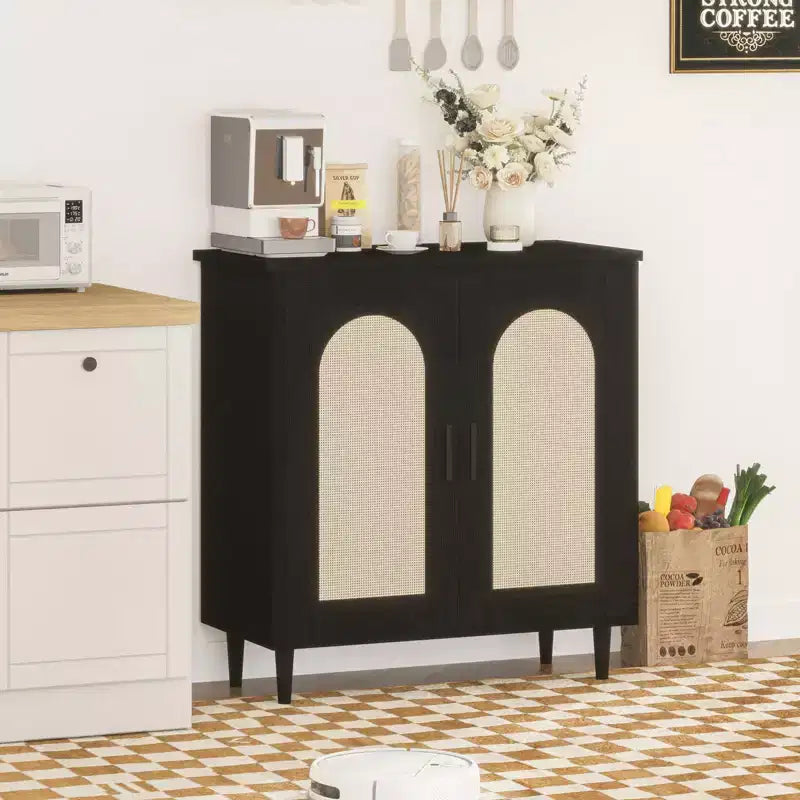 Set di 2 Madie/Credenze in Rattan, Mobile Contenitore Stile Rustico con Ripiani Regolabili per Sala da Pranzo/Soggiorno/Ingresso