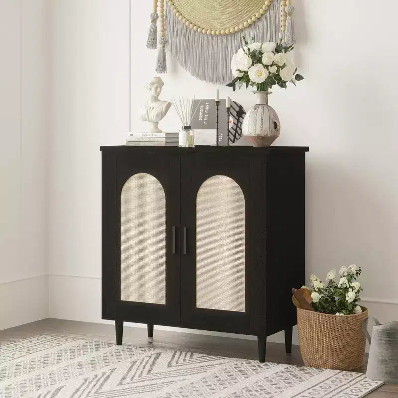 Set di 2 Madie/Credenze in Rattan, Mobile Contenitore Stile Rustico con Ripiani Regolabili per Sala da Pranzo/Soggiorno/Ingresso