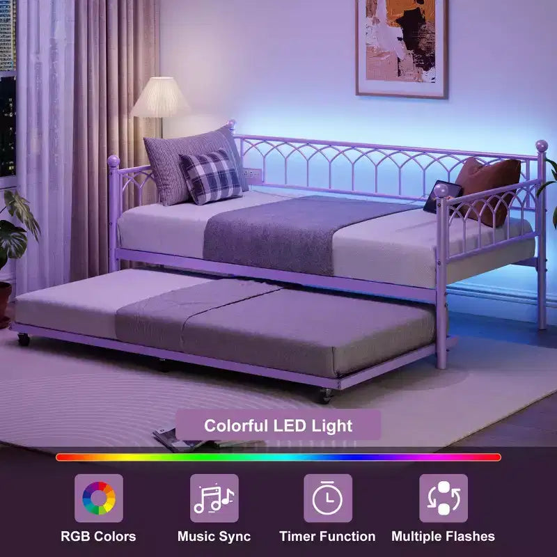 COZONY Letto Divano con Letto Estraibile con Stazione di Ricarica e Luci LED RGB, Struttura Letto Divano, Doghe in Acciaio Resistente, Design Salvaspazio, Facile Montaggio