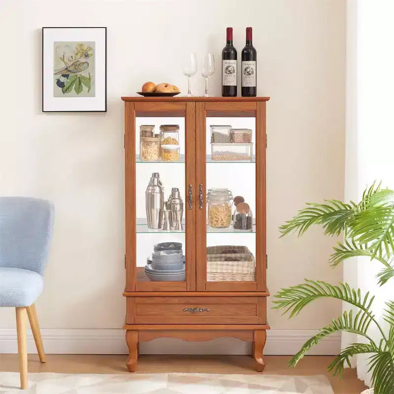 Vetrina illuminata in vetro per ufficio domestico, Vetrina con ante in vetro e luci, Vetrina per vini con ripiani in vetro regolabili, 2 ante e 2 cassetti