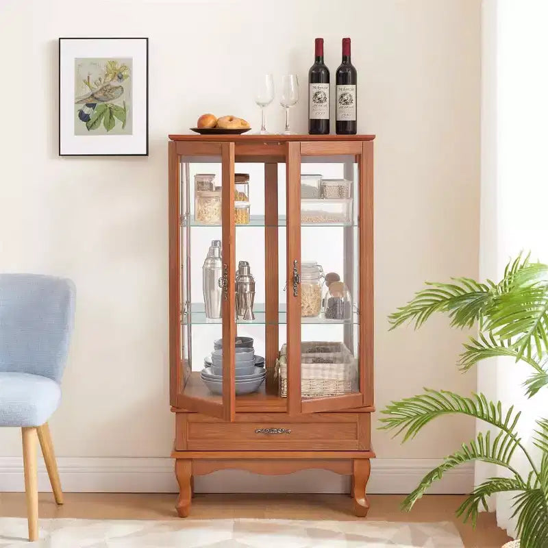 Vetrina illuminata in vetro per ufficio domestico, Vetrina con ante in vetro e luci, Vetrina per vini con ripiani in vetro regolabili, 2 ante e 2 cassetti