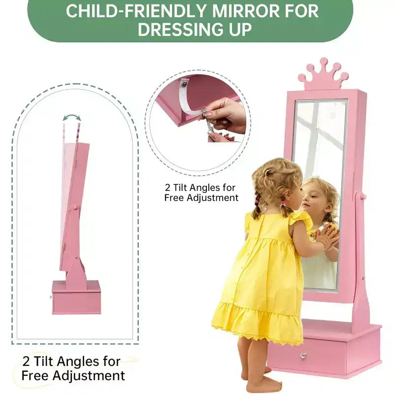 Mobile Portagioie per Bambini con Specchio a Figura Intera a LED, Toeletta Principessa Autoportante con Cassetti e Organizzatore di Gioielli, Armadio con Luci per il Travestimento delle Bambine