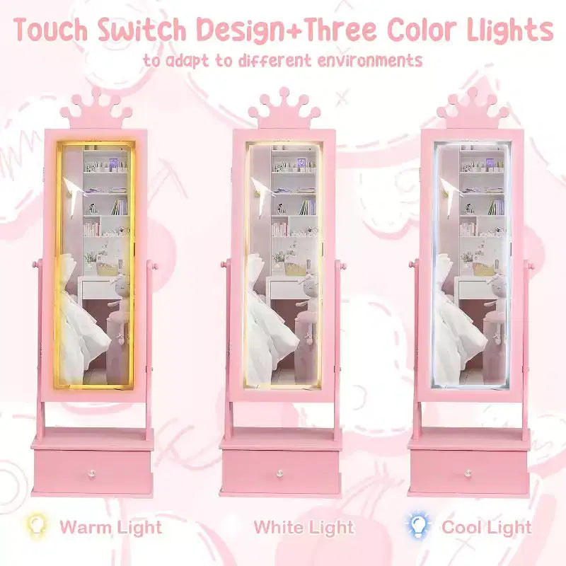 Mobile Portagioie per Bambini con Specchio a Figura Intera a LED, Toeletta Principessa Autoportante con Cassetti e Organizzatore di Gioielli, Armadio con Luci per il Travestimento delle Bambine