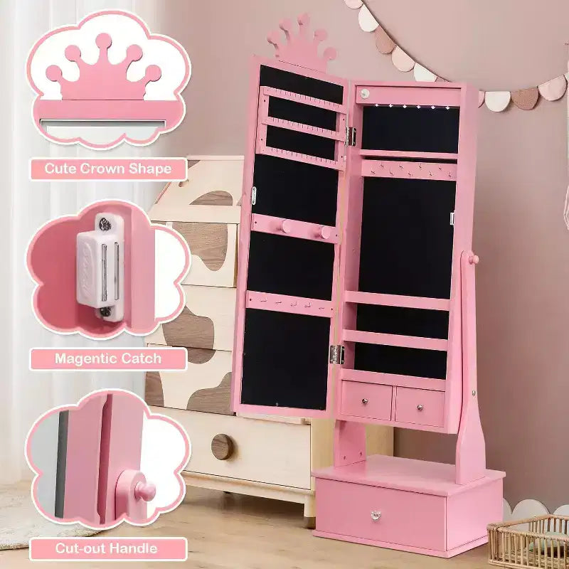Mobile Portagioie per Bambini con Specchio a Figura Intera a LED, Toeletta Principessa Autoportante con Cassetti e Organizzatore di Gioielli, Armadio con Luci per il Travestimento delle Bambine