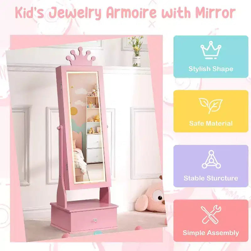 Mobile Portagioie per Bambini con Specchio a Figura Intera a LED, Toeletta Principessa Autoportante con Cassetti e Organizzatore di Gioielli, Armadio con Luci per il Travestimento delle Bambine