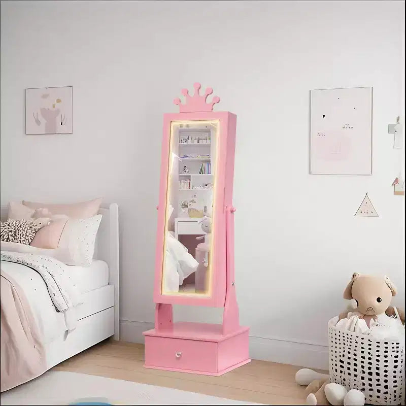 Mobile Portagioie per Bambini con Specchio a Figura Intera a LED, Toeletta Principessa Autoportante con Cassetti e Organizzatore di Gioielli, Armadio con Luci per il Travestimento delle Bambine