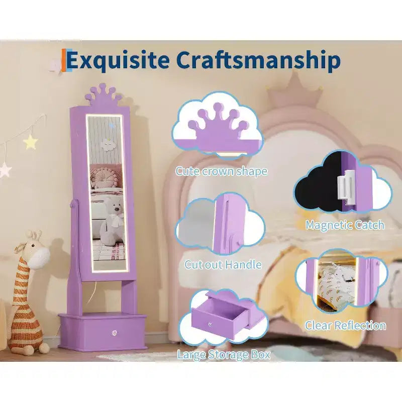 Mobile Portagioie per Bambini con Specchio a Figura Intera a LED, Toeletta Principessa Autoportante con Cassetti e Organizzatore di Gioielli, Armadio con Luci per il Travestimento delle Bambine