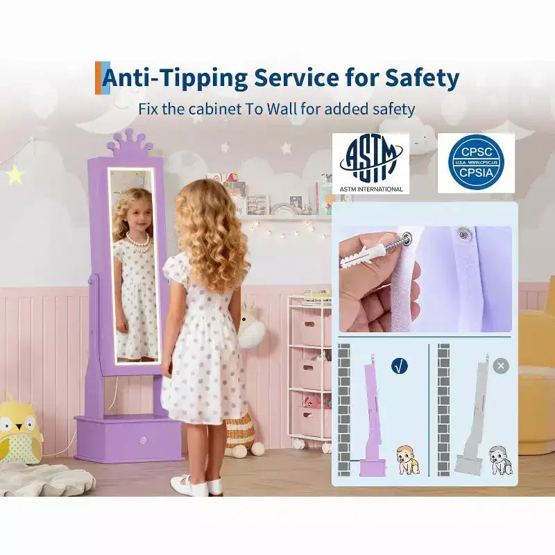 Mobile Portagioie per Bambini con Specchio a Figura Intera a LED, Toeletta Principessa Autoportante con Cassetti e Organizzatore di Gioielli, Armadio con Luci per il Travestimento delle Bambine