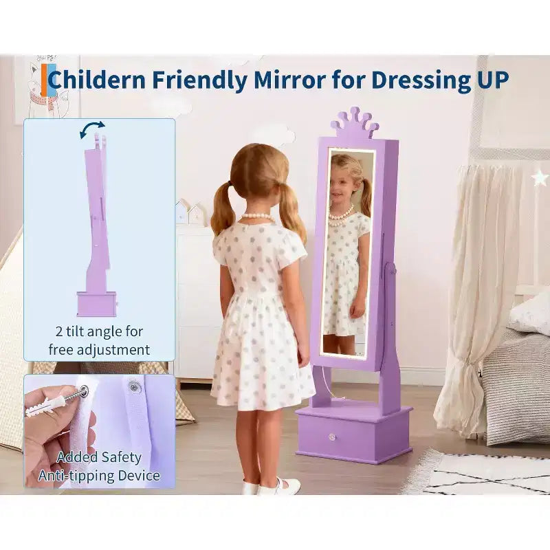 Mobile Portagioie per Bambini con Specchio a Figura Intera a LED, Toeletta Principessa Autoportante con Cassetti e Organizzatore di Gioielli, Armadio con Luci per il Travestimento delle Bambine
