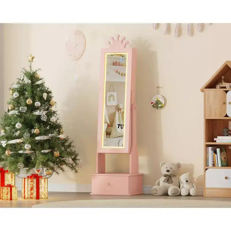 Mobile Portagioie per Bambini con Specchio a Figura Intera a LED, Toeletta Principessa Autoportante con Cassetti e Organizzatore di Gioielli, Armadio con Luci per il Travestimento delle Bambine