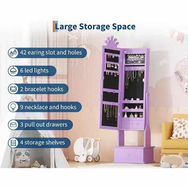 Mobile Portagioie per Bambini con Specchio a Figura Intera a LED, Toeletta Principessa Autoportante con Cassetti e Organizzatore di Gioielli, Armadio con Luci per il Travestimento delle Bambine