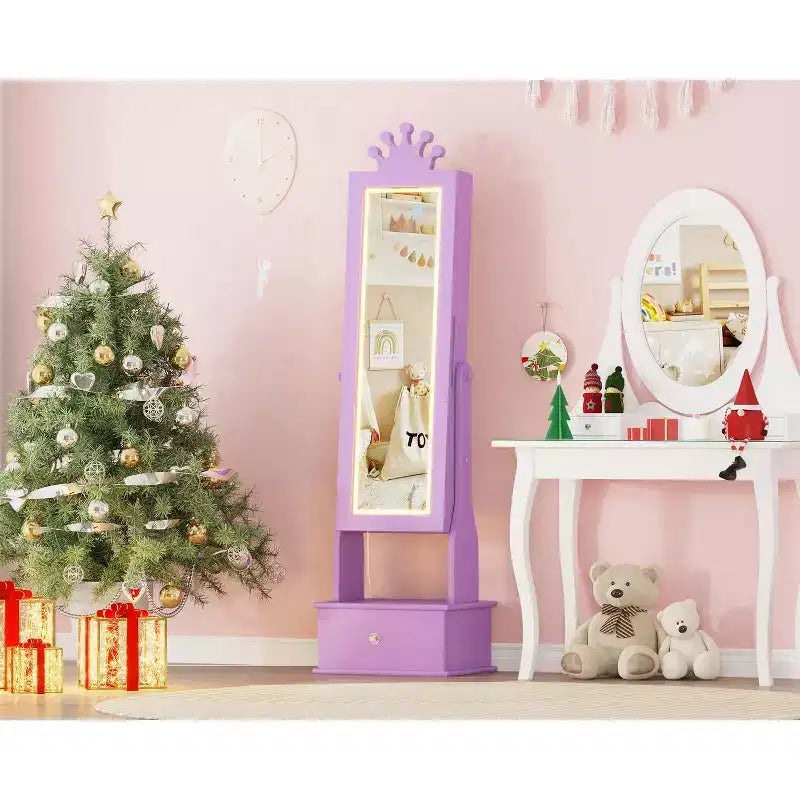 Mobile Portagioie per Bambini con Specchio a Figura Intera a LED, Toeletta Principessa Autoportante con Cassetti e Organizzatore di Gioielli, Armadio con Luci per il Travestimento delle Bambine