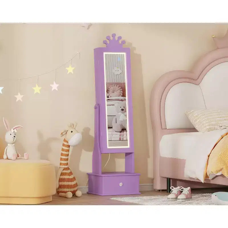 Mobile Portagioie per Bambini con Specchio a Figura Intera a LED, Toeletta Principessa Autoportante con Cassetti e Organizzatore di Gioielli, Armadio con Luci per il Travestimento delle Bambine
