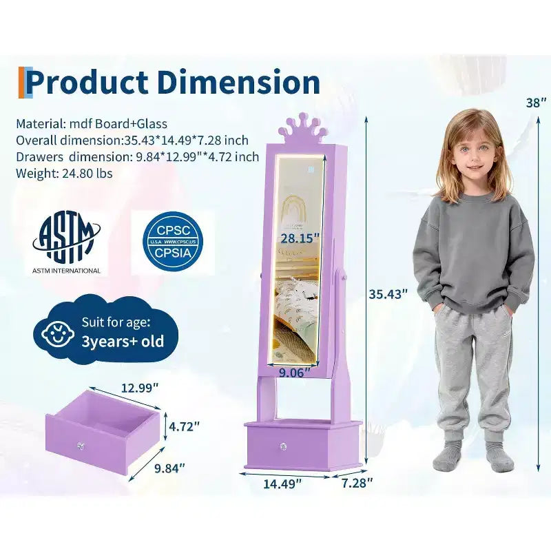 Mobile Portagioie per Bambini con Specchio a Figura Intera a LED, Toeletta Principessa Autoportante con Cassetti e Organizzatore di Gioielli, Armadio con Luci per il Travestimento delle Bambine
