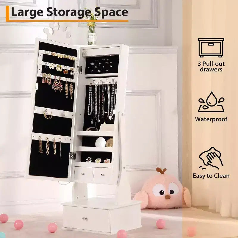 Mobile Portagioie per Bambini con Specchio a Figura Intera a LED, Toeletta Principessa Autoportante con Cassetti e Organizzatore di Gioielli, Armadio con Luci per il Travestimento delle Bambine