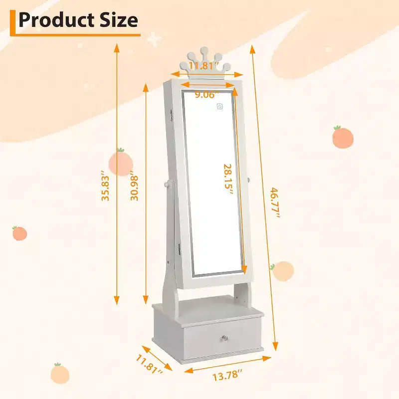 Mobile Portagioie per Bambini con Specchio a Figura Intera a LED, Toeletta Principessa Autoportante con Cassetti e Organizzatore di Gioielli, Armadio con Luci per il Travestimento delle Bambine