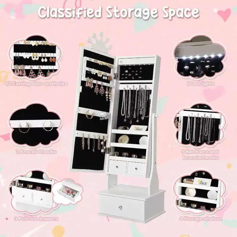 Mobile Portagioie per Bambini con Specchio a Figura Intera a LED, Toeletta Principessa Autoportante con Cassetti e Organizzatore di Gioielli, Armadio con Luci per il Travestimento delle Bambine