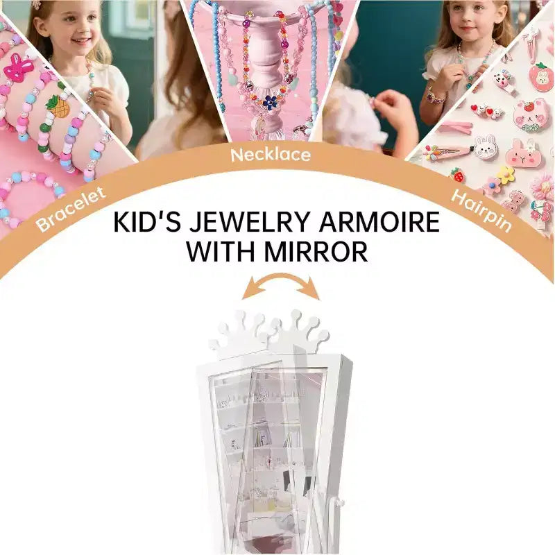 Mobile Portagioie per Bambini con Specchio a Figura Intera a LED, Toeletta Principessa Autoportante con Cassetti e Organizzatore di Gioielli, Armadio con Luci per il Travestimento delle Bambine