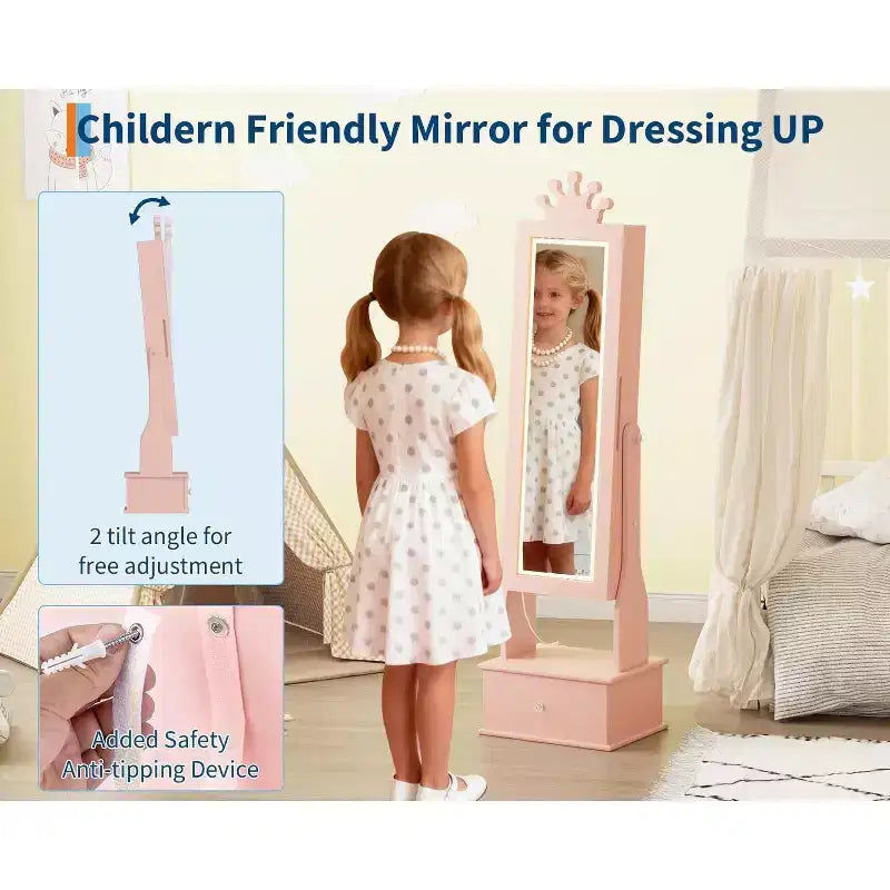 Mobile Portagioie per Bambini con Specchio a Figura Intera a LED, Toeletta Principessa Autoportante con Cassetti e Organizzatore di Gioielli, Armadio con Luci per il Travestimento delle Bambine