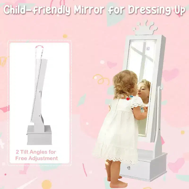 Mobile Portagioie per Bambini con Specchio a Figura Intera a LED, Toeletta Principessa Autoportante con Cassetti e Organizzatore di Gioielli, Armadio con Luci per il Travestimento delle Bambine