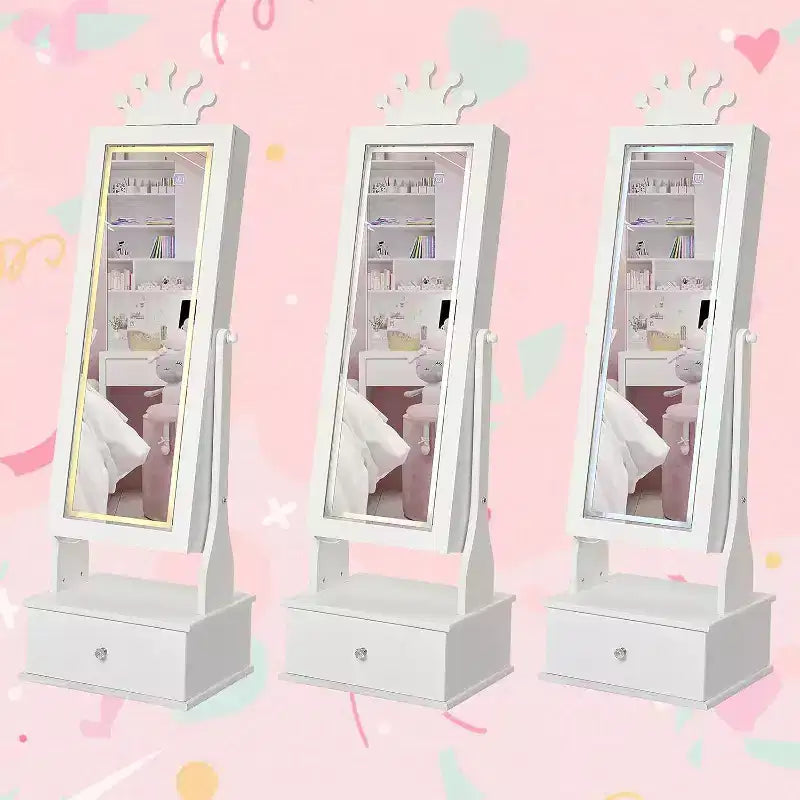 Mobile Portagioie per Bambini con Specchio a Figura Intera a LED, Toeletta Principessa Autoportante con Cassetti e Organizzatore di Gioielli, Armadio con Luci per il Travestimento delle Bambine