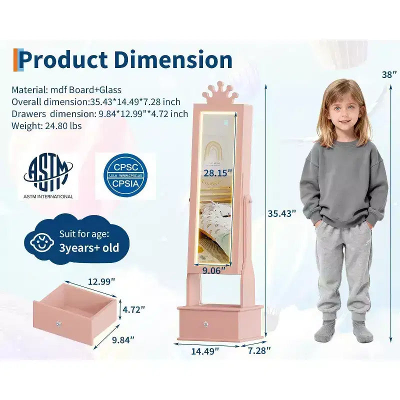 Mobile Portagioie per Bambini con Specchio a Figura Intera a LED, Toeletta Principessa Autoportante con Cassetti e Organizzatore di Gioielli, Armadio con Luci per il Travestimento delle Bambine