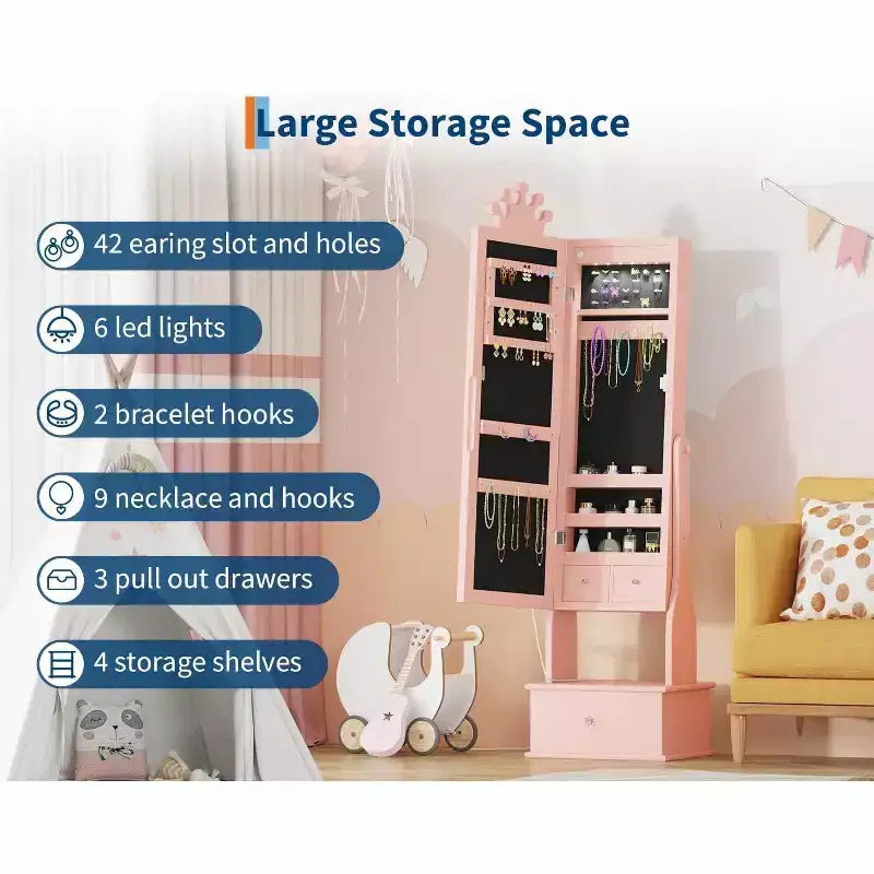 Mobile Portagioie per Bambini con Specchio a Figura Intera a LED, Toeletta Principessa Autoportante con Cassetti e Organizzatore di Gioielli, Armadio con Luci per il Travestimento delle Bambine