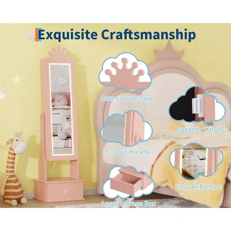 Mobile Portagioie per Bambini con Specchio a Figura Intera a LED, Toeletta Principessa Autoportante con Cassetti e Organizzatore di Gioielli, Armadio con Luci per il Travestimento delle Bambine