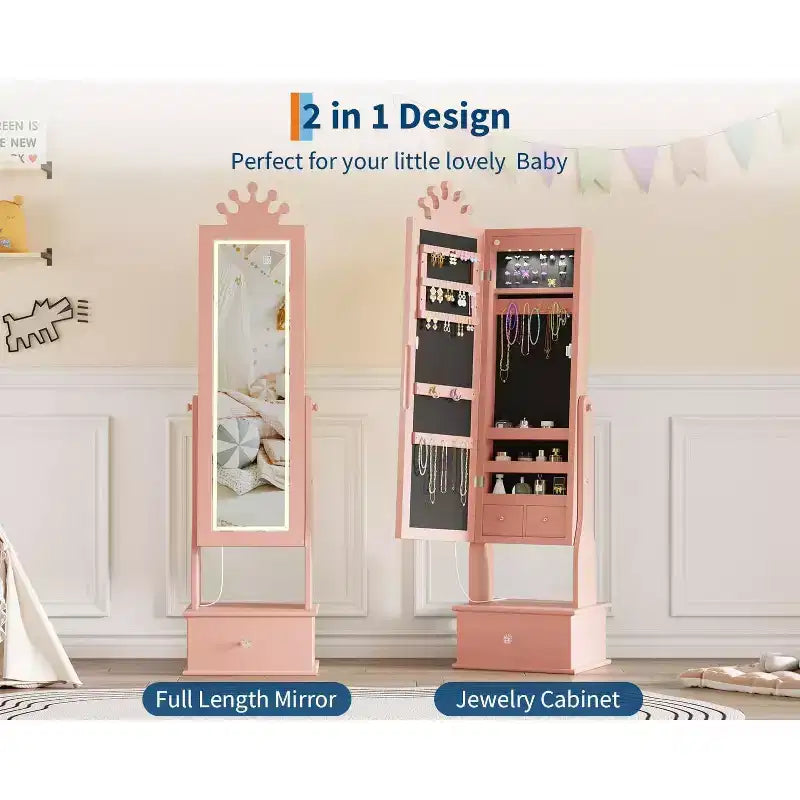 Mobile Portagioie per Bambini con Specchio a Figura Intera a LED, Toeletta Principessa Autoportante con Cassetti e Organizzatore di Gioielli, Armadio con Luci per il Travestimento delle Bambine
