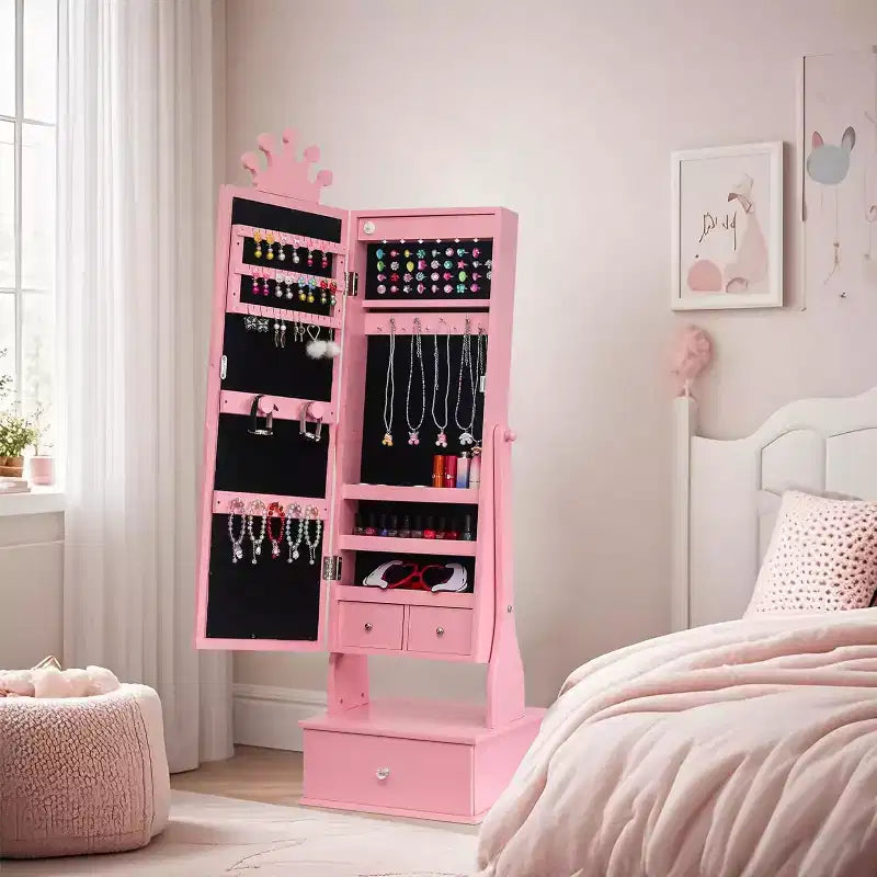 Mobile Portagioie per Bambini con Specchio a Figura Intera a LED, Toeletta Principessa Autoportante con Cassetti e Organizzatore di Gioielli, Armadio con Luci per il Travestimento delle Bambine