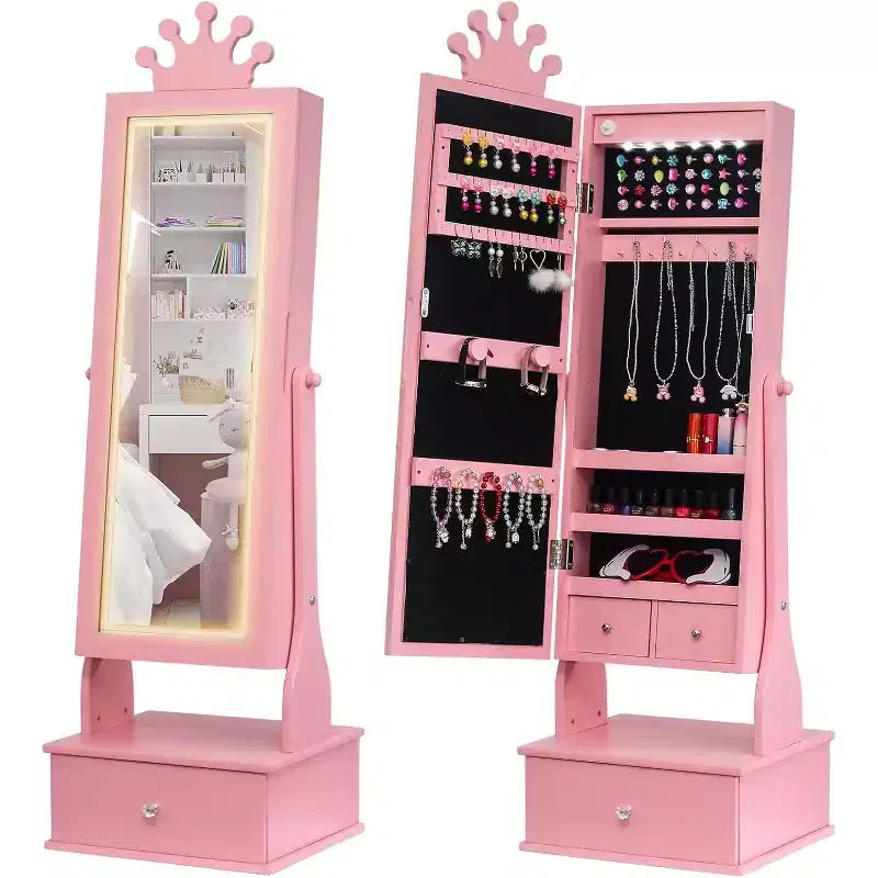 Mobile Portagioie per Bambini con Specchio a Figura Intera a LED, Toeletta Principessa Autoportante con Cassetti e Organizzatore di Gioielli, Armadio con Luci per il Travestimento delle Bambine