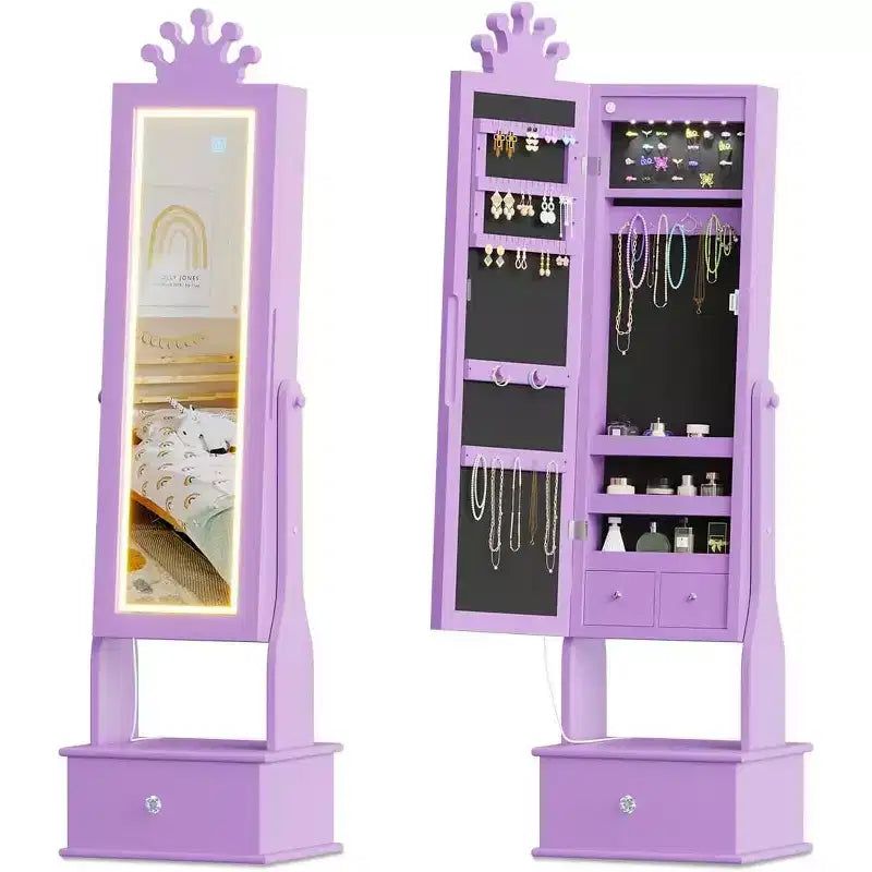 Mobile Portagioie per Bambini con Specchio a Figura Intera a LED, Toeletta Principessa Autoportante con Cassetti e Organizzatore di Gioielli, Armadio con Luci per il Travestimento delle Bambine