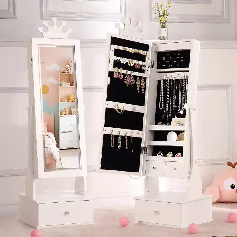 Mobile Portagioie per Bambini con Specchio a Figura Intera a LED, Toeletta Principessa Autoportante con Cassetti e Organizzatore di Gioielli, Armadio con Luci per il Travestimento delle Bambine