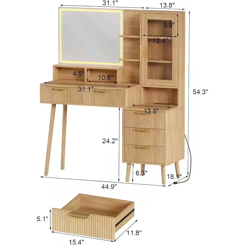 Scrivania da trucco scanalata con specchio HD e luci - Moderna toletta in legno con ripiani regolabili, 5 cassetti per camera da letto, Rovere Naturale
